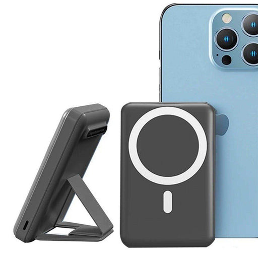 Magnetic wireless portable power bank with MagSafe and stand, next to blue iPhone. TUTT