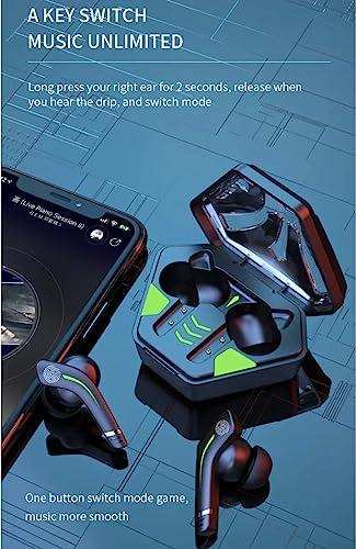 TUTT MD168 TWS gaming headset with charging case, LED accents, and smartphone on blue tech background. TUTT