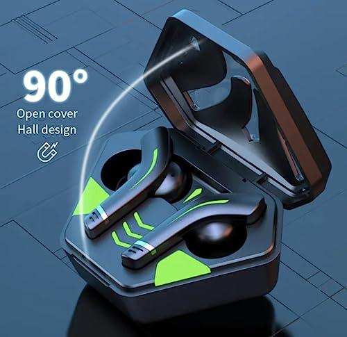 TWS gaming earbuds with neon green accents in an open charging case, 90° open cover. TUTT