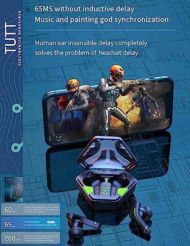 TUTT MD168 TWS wireless gaming headset with low latency, open charging case, gamer earbuds and smartphone displaying shooter game, futuristic tech design. TUTT