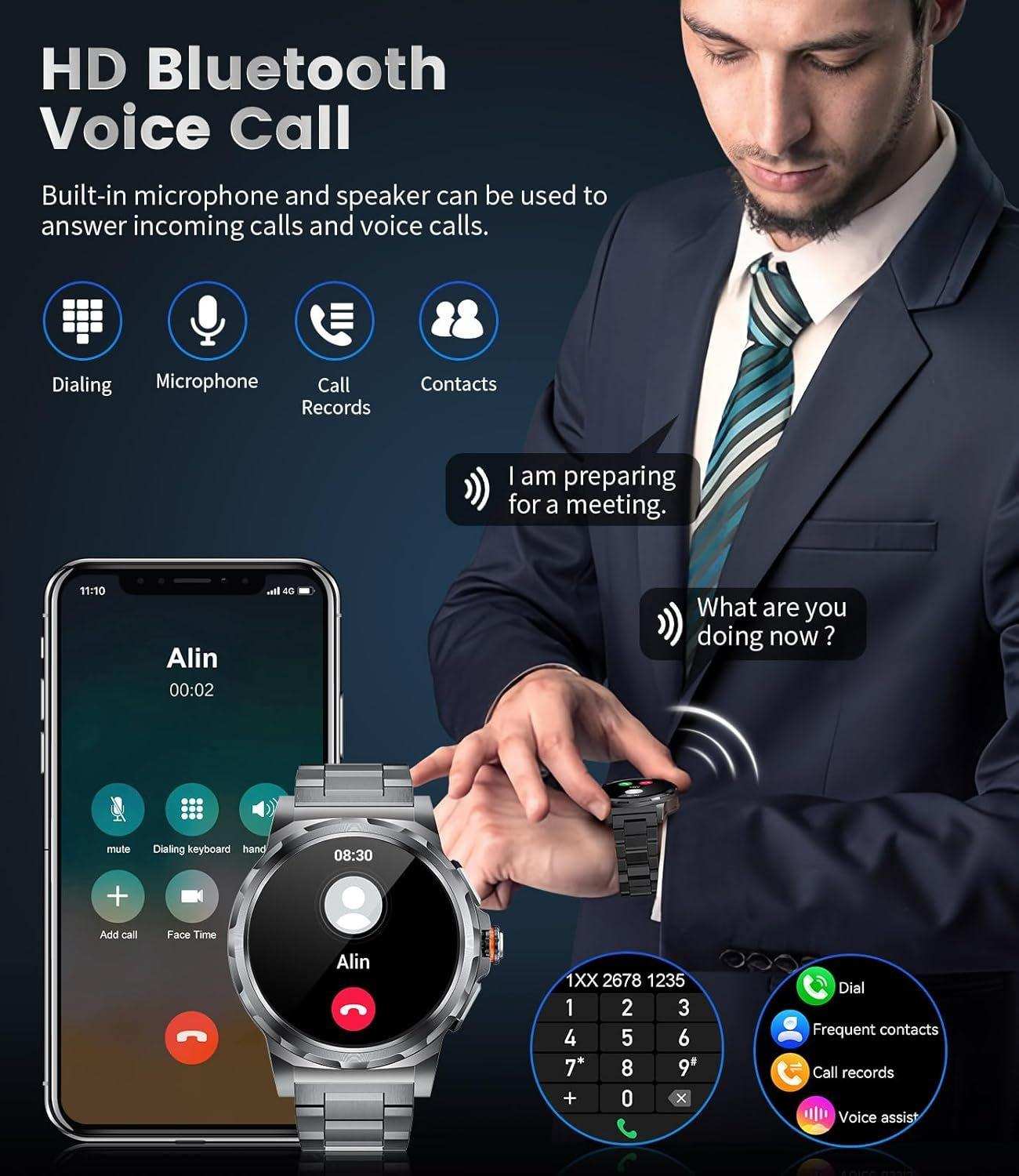 Man in suit using TUTT military rugged smartwatch with HD Bluetooth voice call, AMOLED display, next to smartphone call screen. TUTT