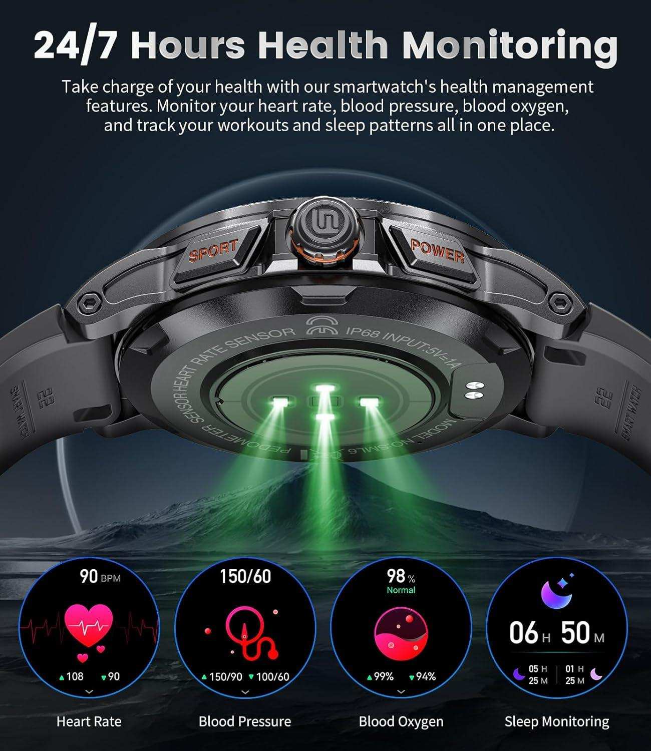Military rugged men's smartwatch with AMOLED HD screen, metal case, and health monitoring sensors, showing heart rate, blood pressure, blood oxygen, and sleep tracking features. TUTT