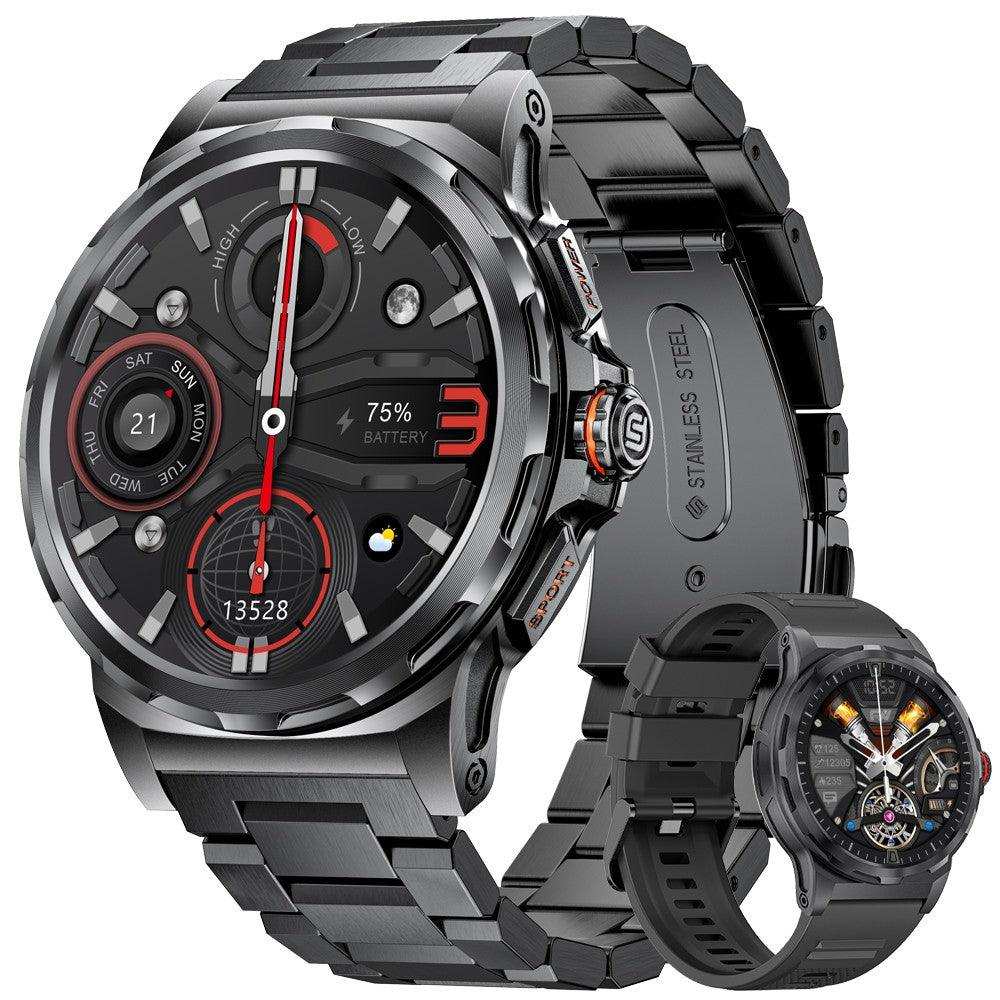 Military rugged smart watch for men with AMOLED HD screen, metal case, black strap, TUTT