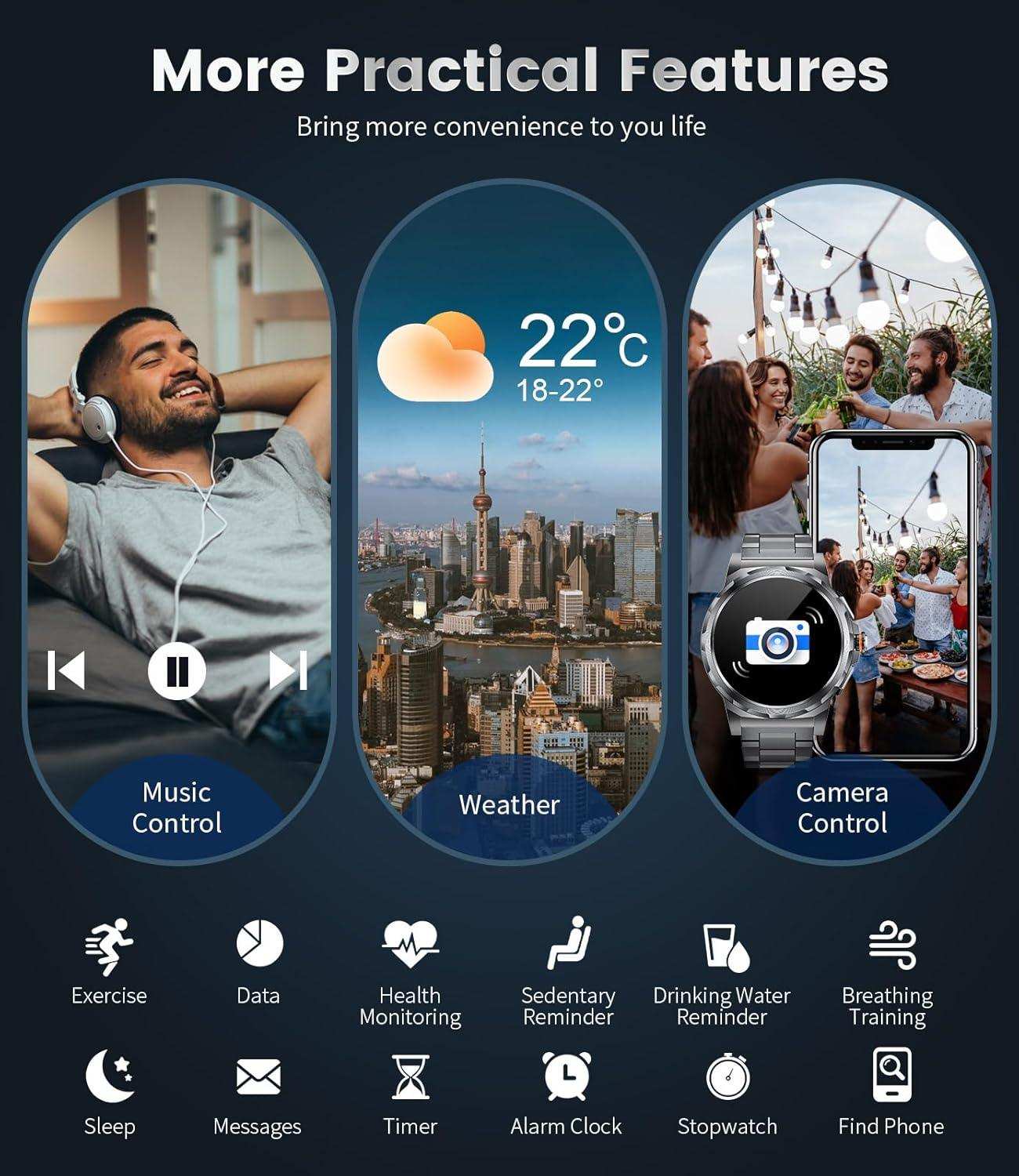 TUTT military rugged smart watch for men with AMOLED HD screen, metal case, health and fitness tracking, camera and music control, weather display, and waterproof features, SL6 LIGE-2. TUTT