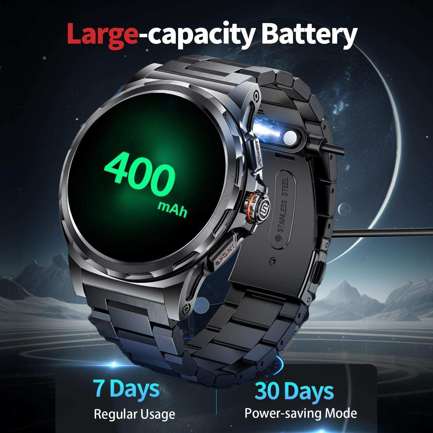 Rugged military smartwatch for men with metal band, 400mAh battery, 7 days usage, TUTT