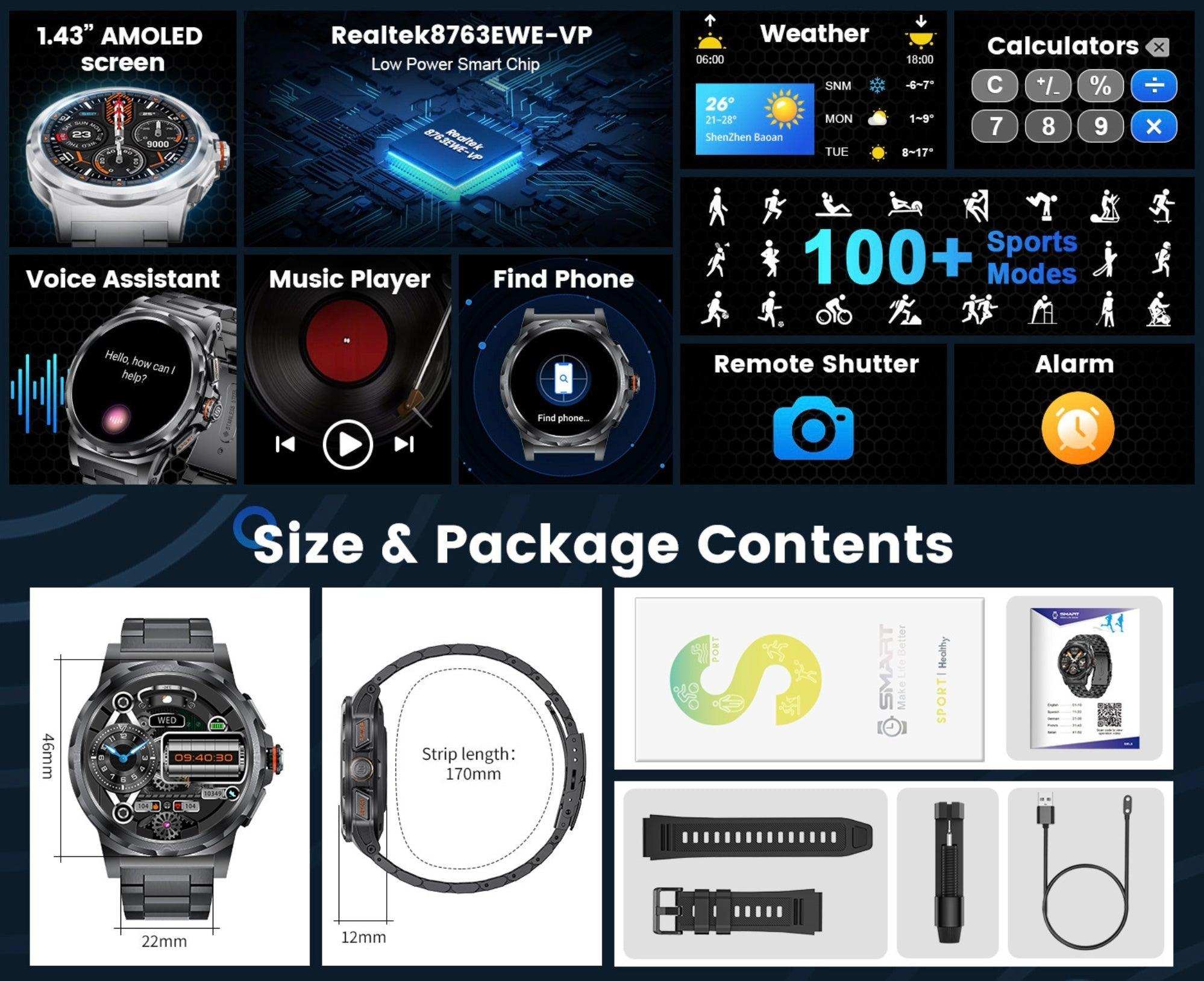 Military rugged smart watch for men, 1.43'' AMOLED, multiple features, accessories shown. TUTT