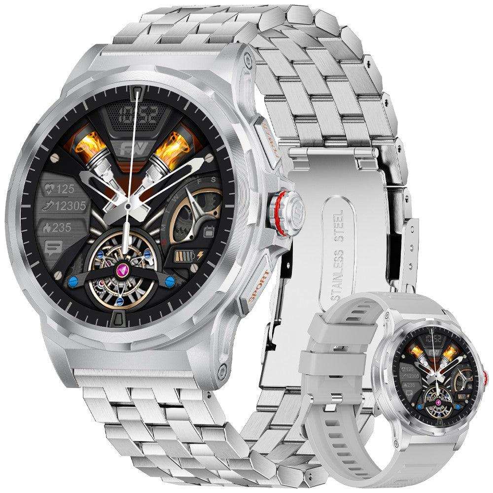 Rugged silver military smart watch with AMOLED HD screen, metal case, and intricate dial details TUTT