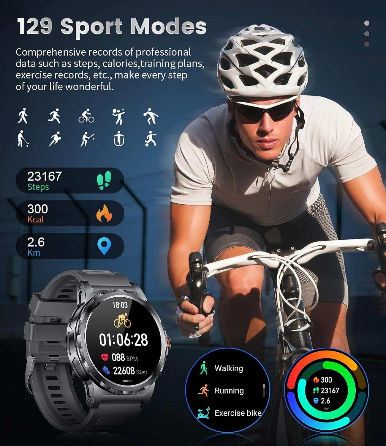 Cyclist wearing helmet with military rugged smart watch, AMOLED HD screen, fitness tracking display, 129 sport modes, health stats. TUTT