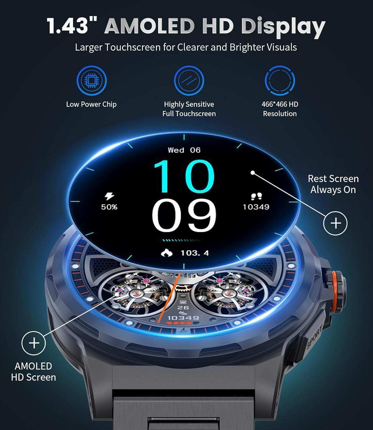 Men's military rugged smart watch with 1.43 inch AMOLED HD display, metal case, fitness stats, and bright visuals, TUTT