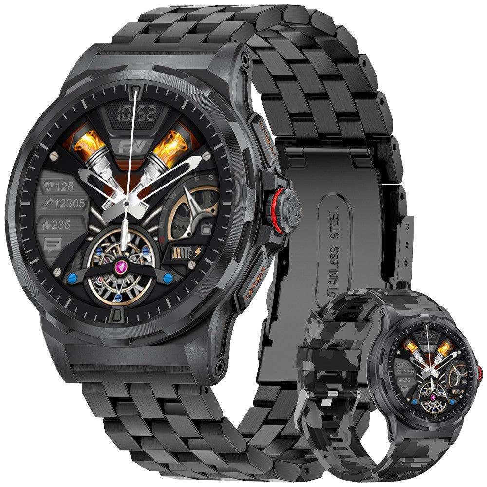 Men's military rugged smart watch with black metal band, HD AMOLED display, multiple dials, and fitness tracking, TUTT