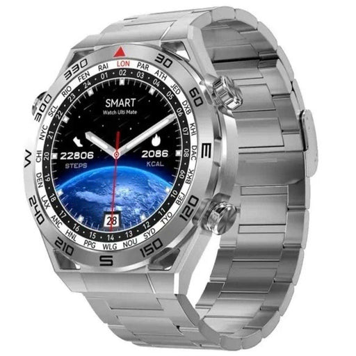 Silver ultra smartwatch with metal strap, digital fitness display, Earth dial, rugged design TUTT