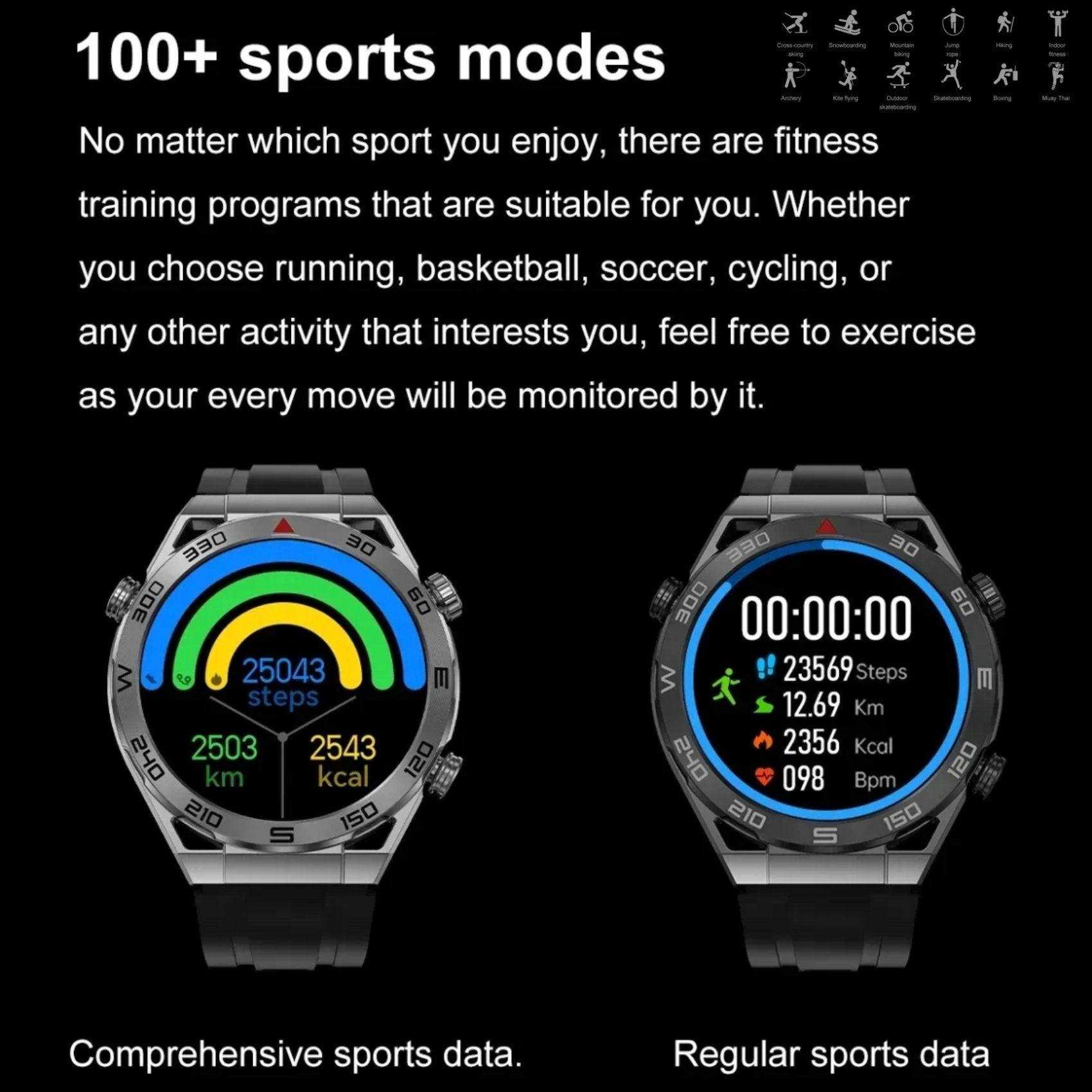 TUTT N1 Men Ultra Smartwatch displaying fitness data with metal and rubber straps, IP68 waterproof, NFC, and multiple sports modes. TUTT