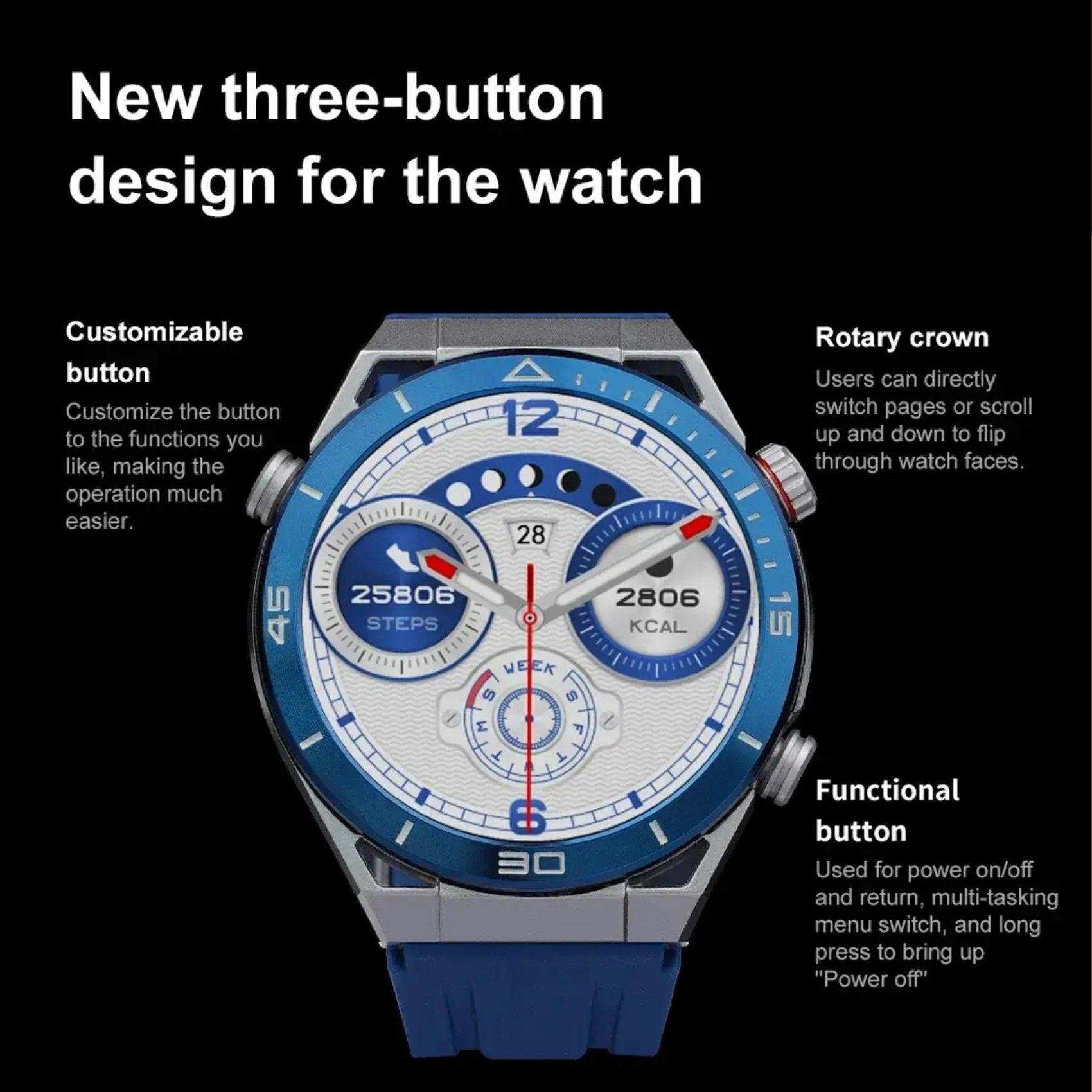 TUTT N1 Men Ultra Smartwatch with three-button design, blue bezel, fitness tracking display, and blue rubber strap. TUTT