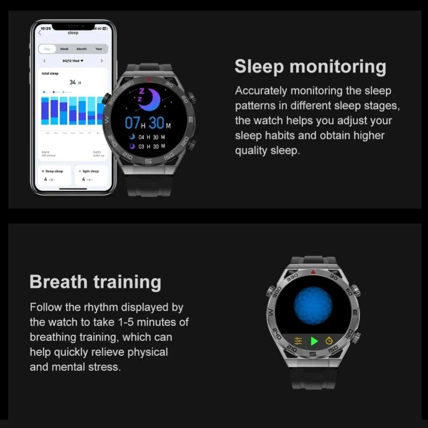 TUTT N1 Men Ultra Smartwatch sleep monitoring and breath training features shown on watch and smartphone. TUTT