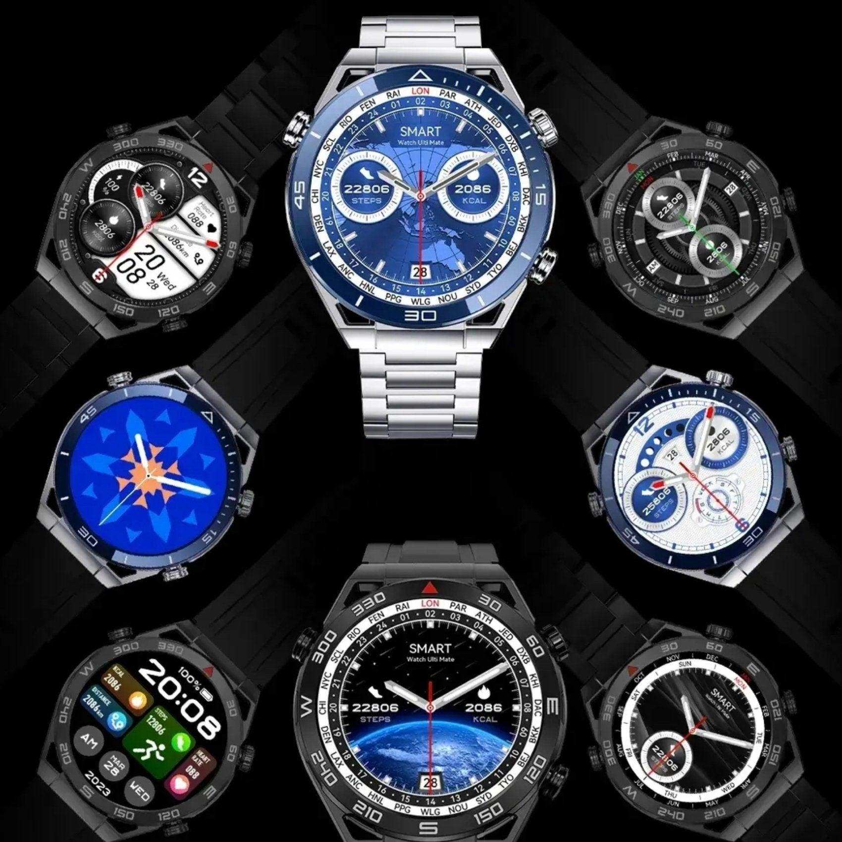 TUTT N1 Men Ultra Smartwatch with metal and rubber straps, black and silver, multiple digital display faces, fitness and health tracking features, NFC, compass, on black background. TUTT