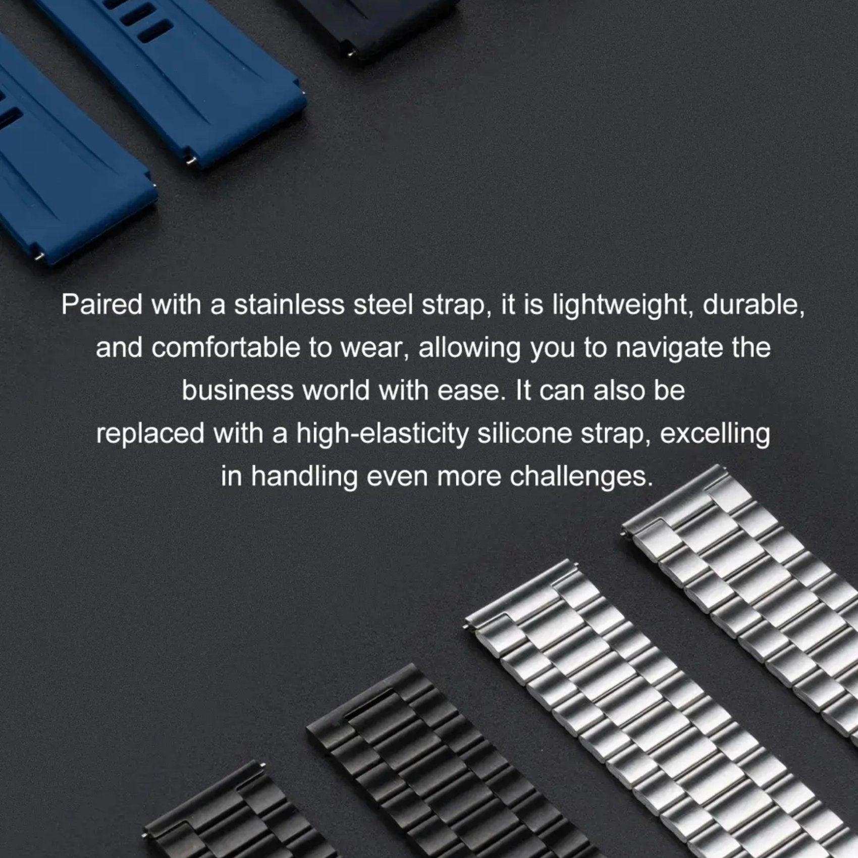 Black and silver metal watch straps and blue rubber straps on a dark surface, TUTT