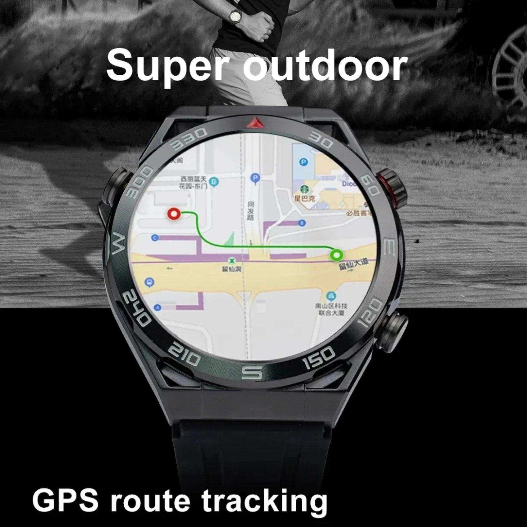 Black TUTT N1 men ultra smartwatch showing GPS route tracking map on display, outdoor setting, TUTT