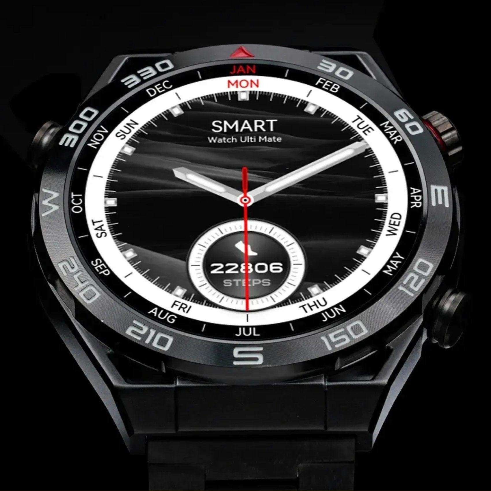 Black ultra smartwatch with round face, step counter, and calendar display, metal and rubber strap, TUTT
