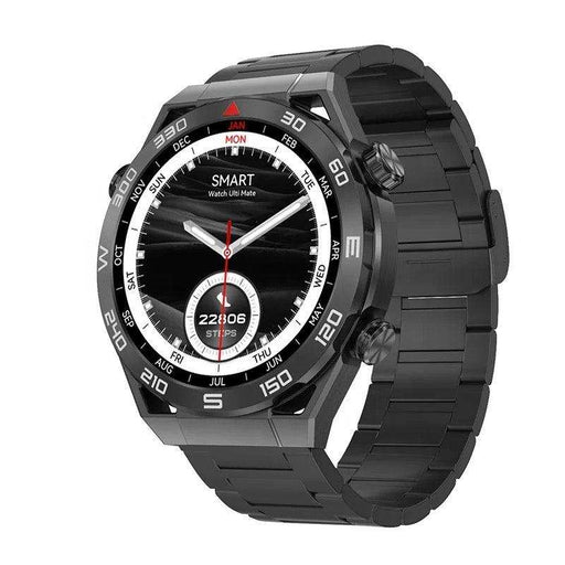 Black ultra smartwatch with metal strap, round digital display, and step counter TUTT