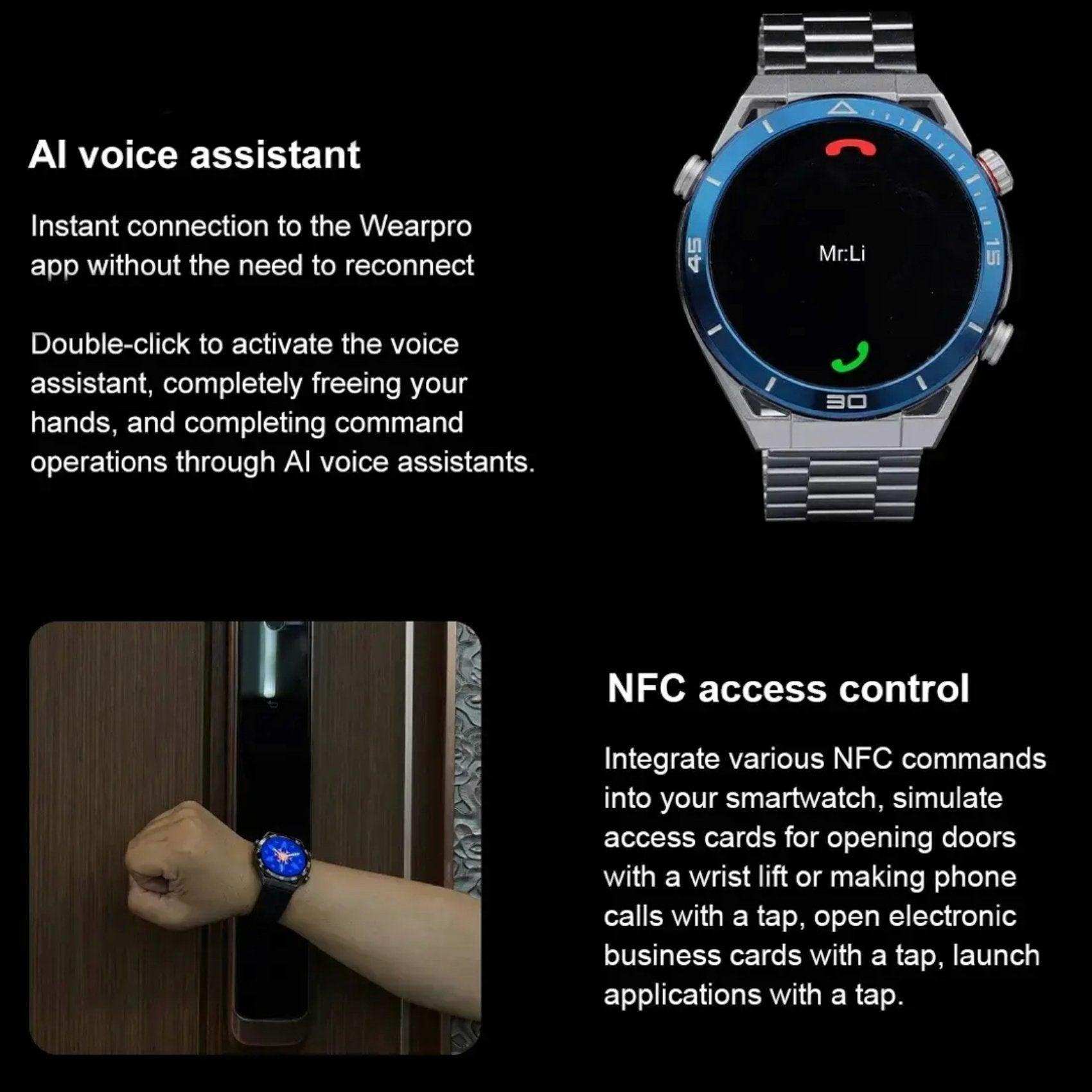 TUTT N1 Ultra Smartwatch with metal band, call screen, and NFC access feature shown on wrist TUTT