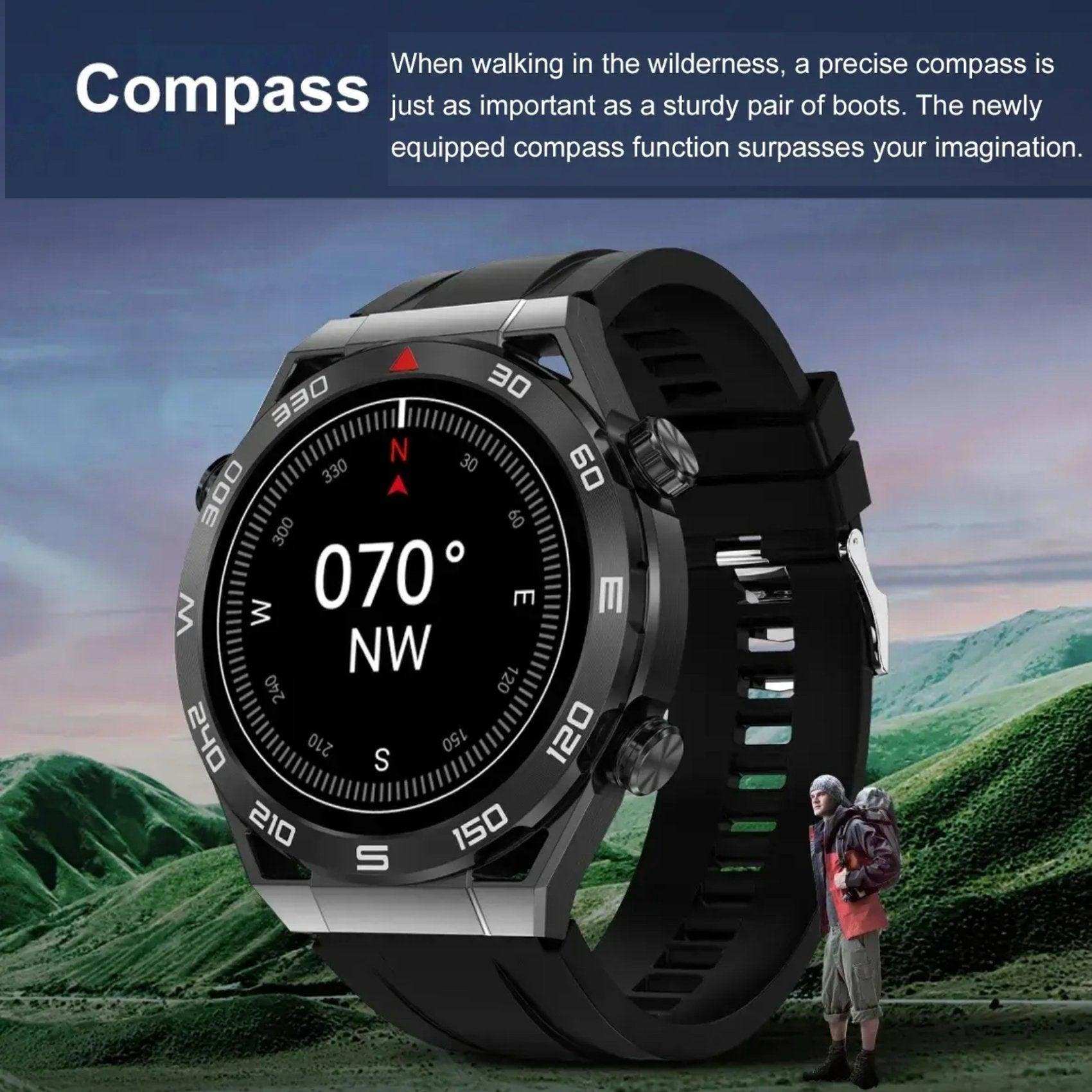 Black ultra smartwatch with digital compass display, rugged strap, outdoor background, TUTT