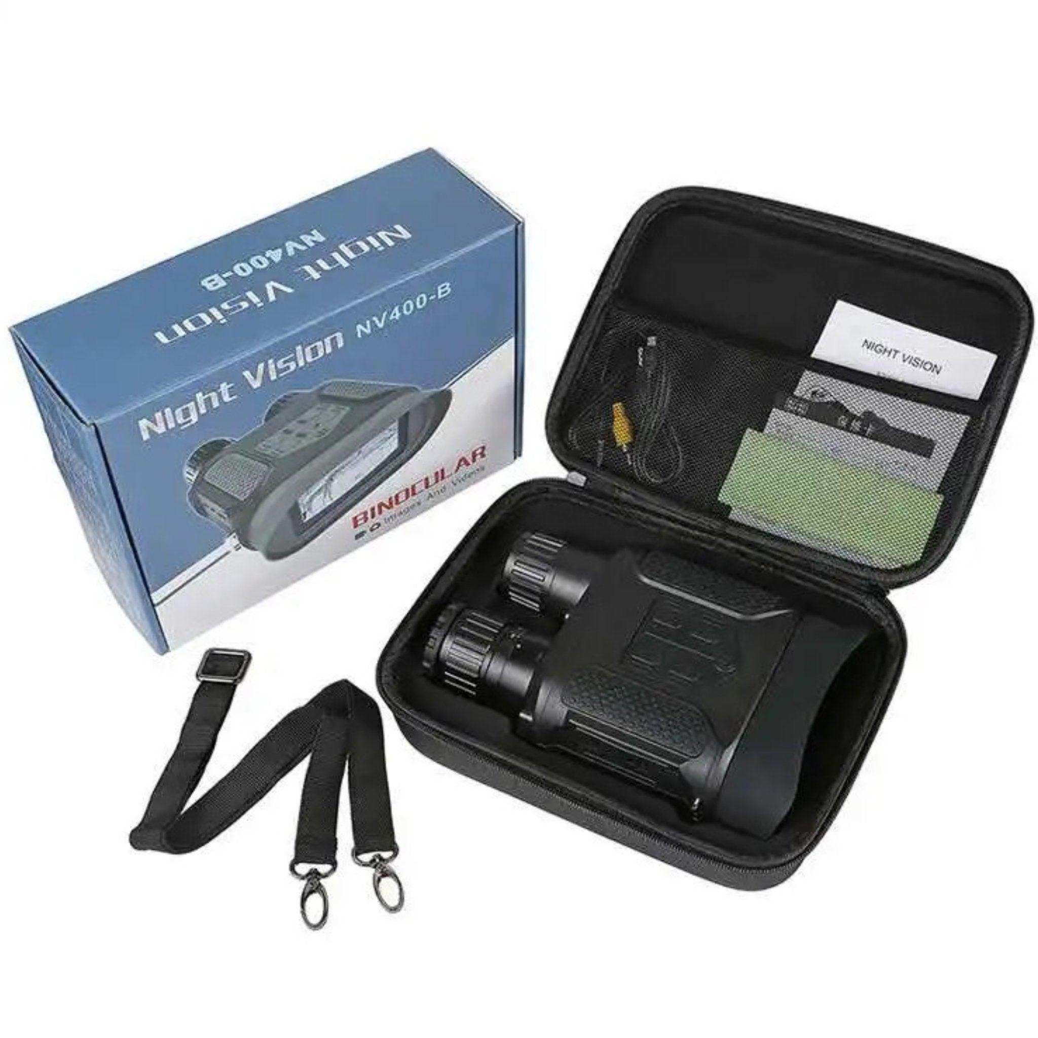 Digital night vision binoculars NV400-B with case, strap, and accessories on white background TUTT