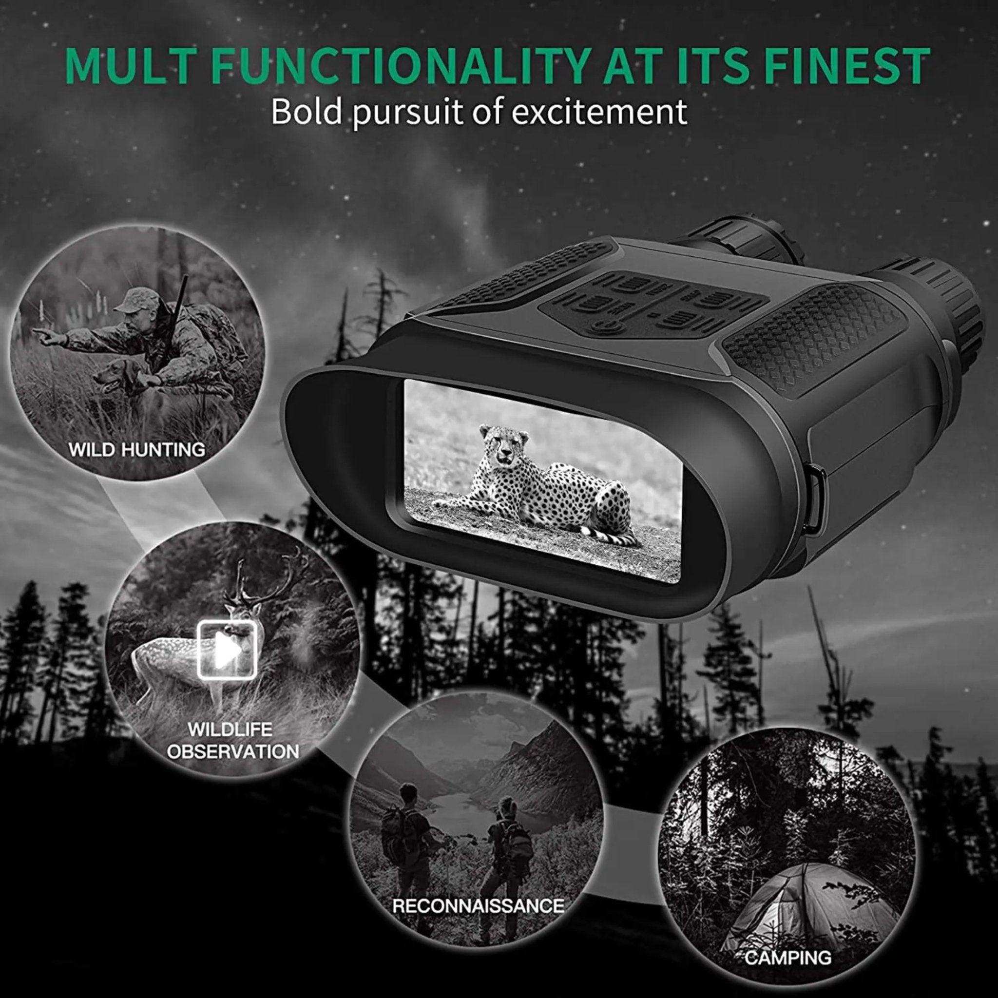 Digital night vision binoculars with display, used for wild hunting, wildlife observation, reconnaissance, and camping, featuring a cheetah on the screen, outdoor forest background. TUTT