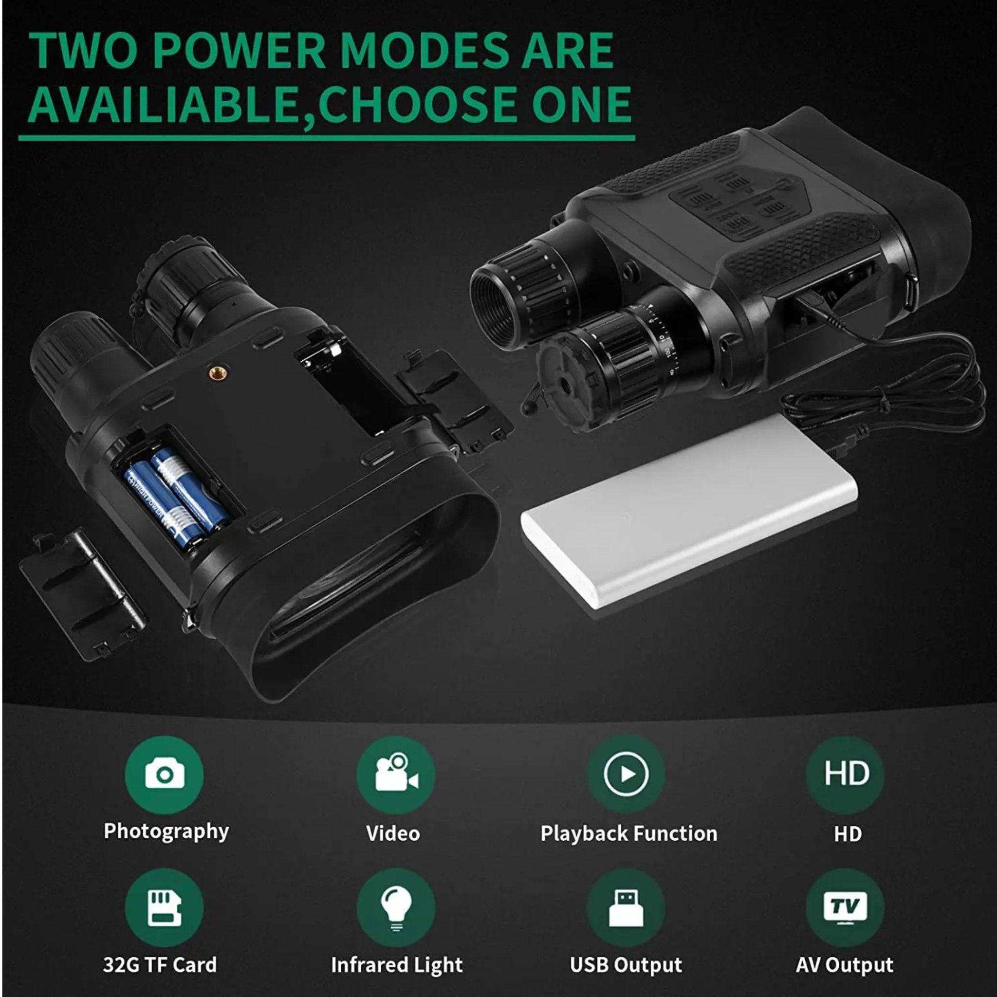 Digital night vision binoculars with battery and USB power options, infrared, and HD features. TUTT