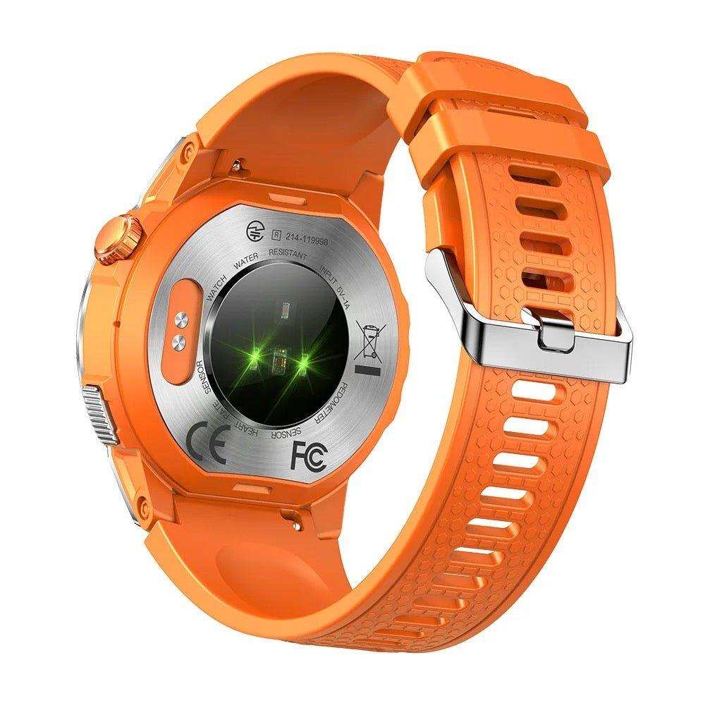 Orange rugged smart watch with metal case, heart rate sensor, and silicone strap TUTT