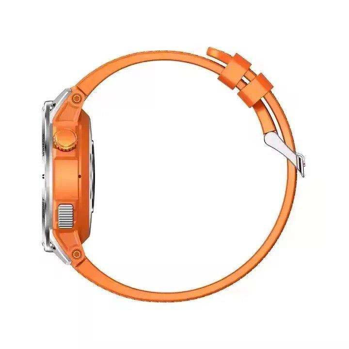 Side view of orange rugged metal GPS smart watch with orange strap and silver buckle TUTT