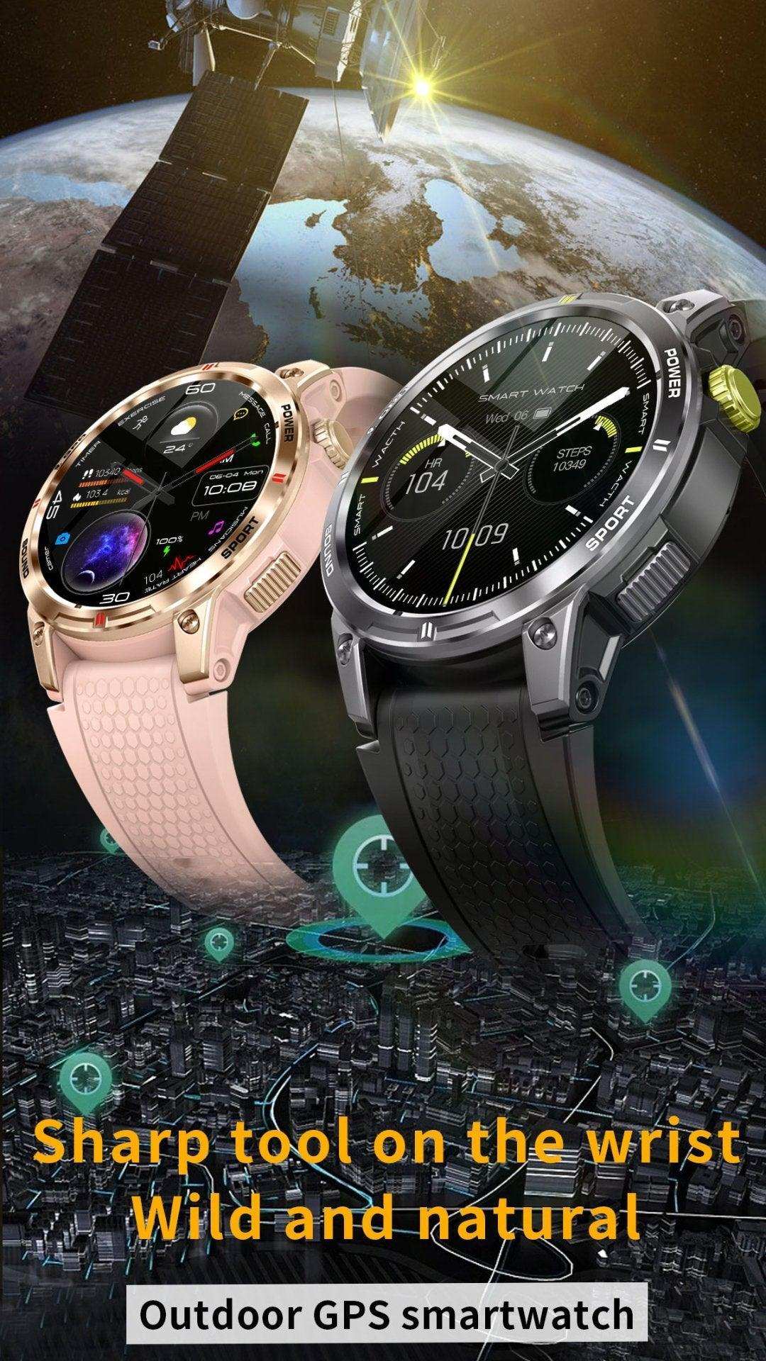 Two TUTT NX18 Pro rugged GPS smartwatches with AMOLED screens above a city and satellite, outdoor smartwatch TUTT