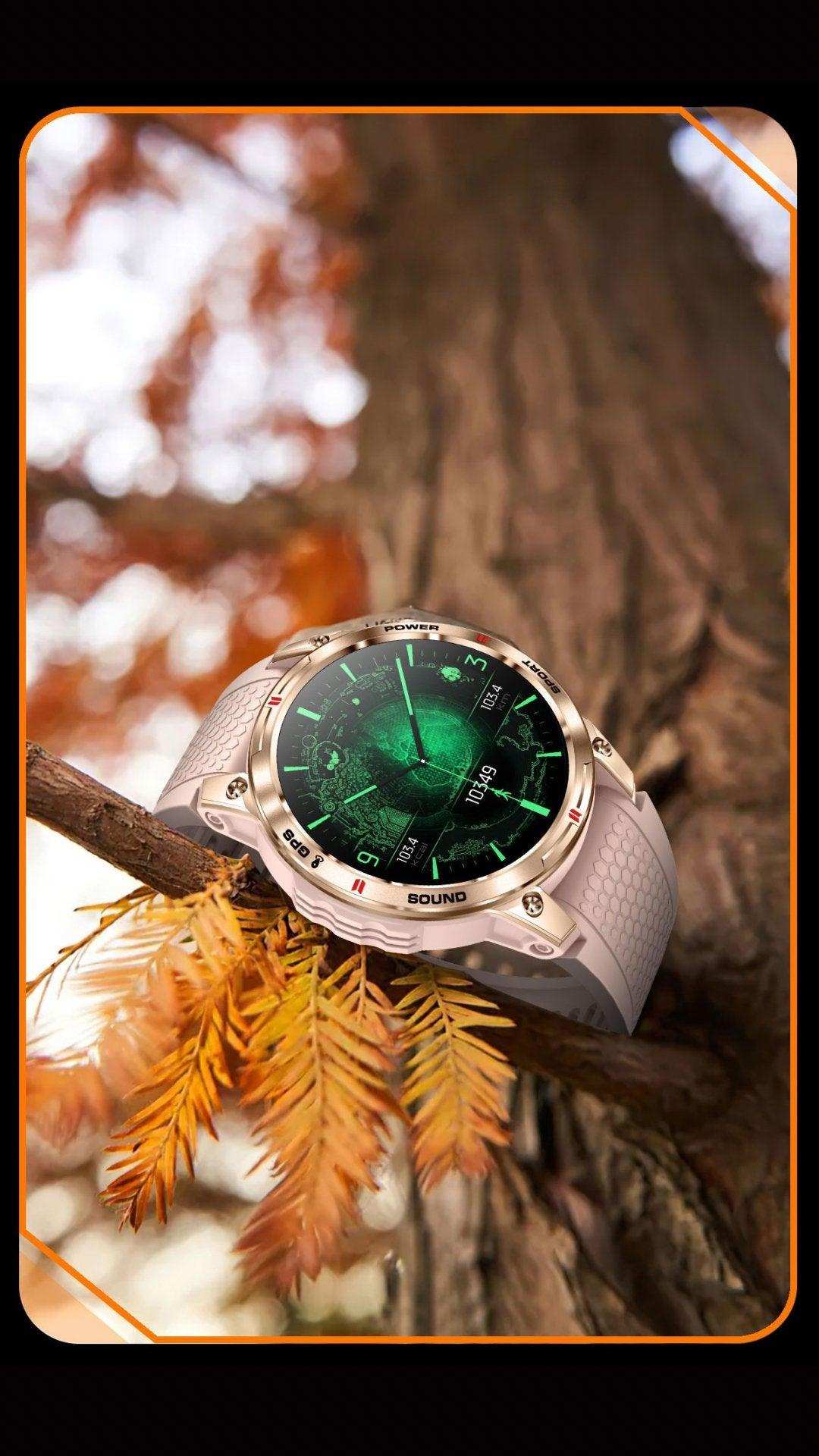 Metal rugged AMOLED GPS smartwatch with digital compass on a tree branch outdoors, TUTT