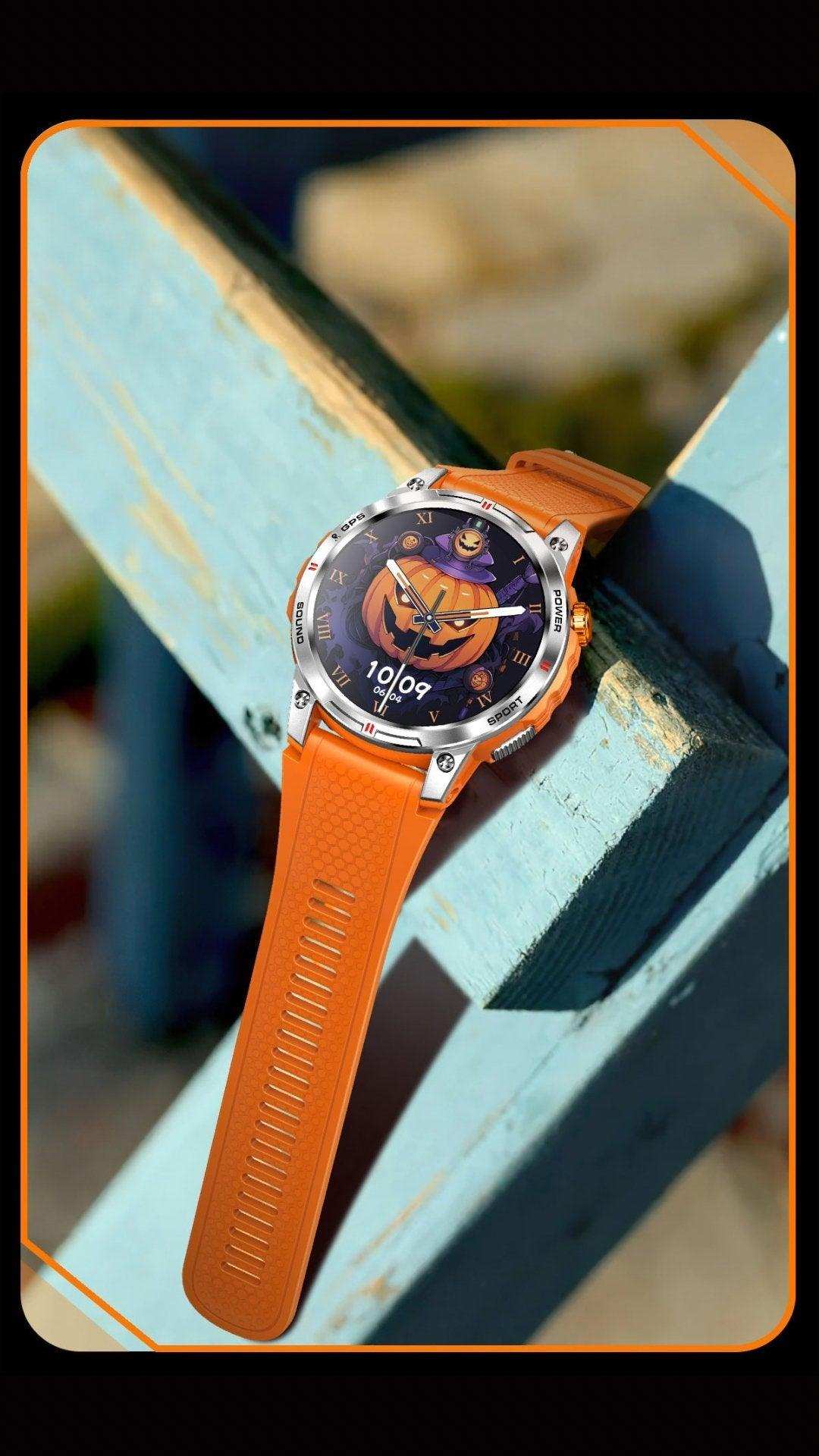 Orange rugged AMOLED GPS smartwatch with pumpkin Halloween watch face on weathered blue wood, TUTT
