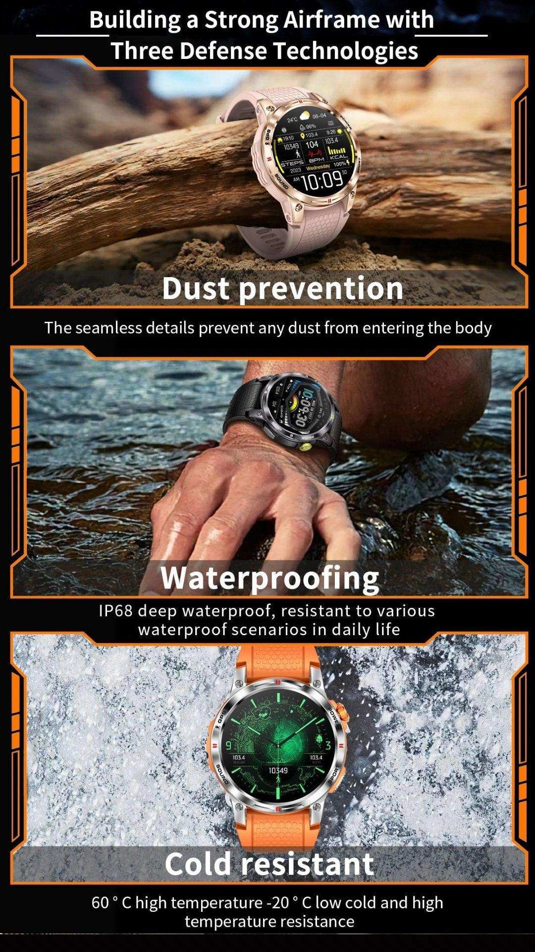 TUTT NX18 Pro rugged smartwatch shown with dust prevention, waterproofing, cold resistance features TUTT