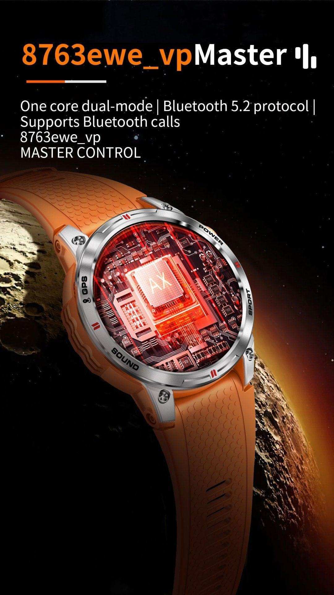 TUTT NX18 Pro rugged smart watch with orange band, visible circuit design, AX chip, and GPS markings, set against a space-themed background. TUTT