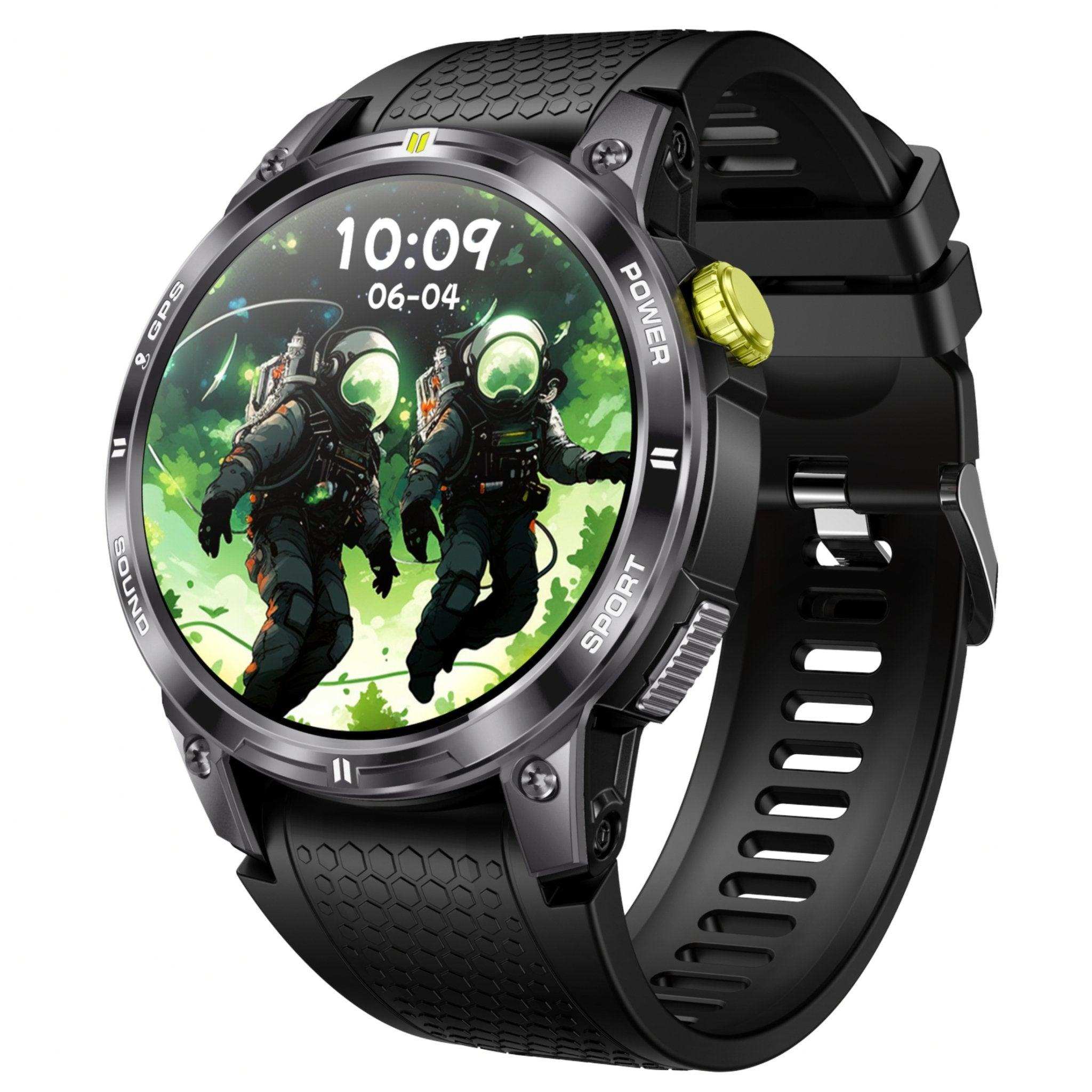 Black AMOLED rugged smartwatch with astronaut watch face, compass bezel, sporty band, TUTT