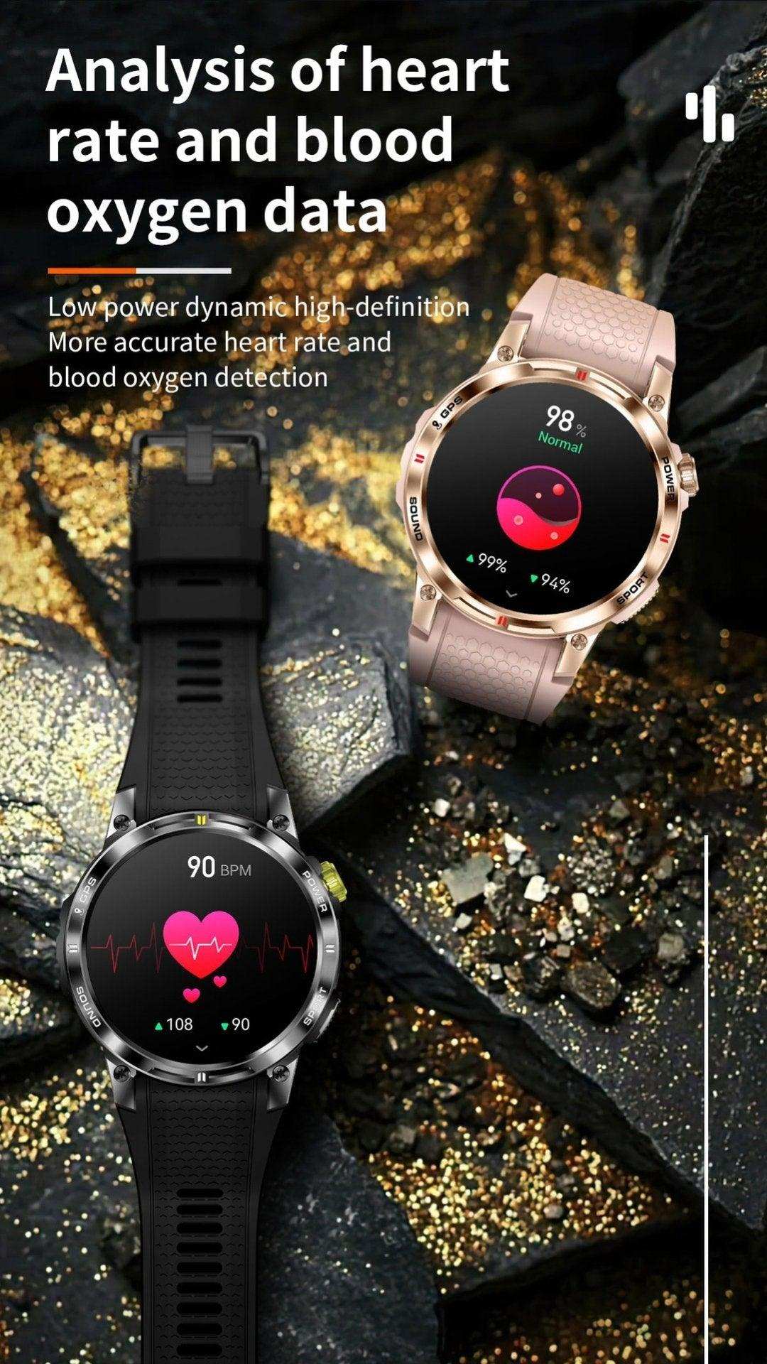 TUTT NX18 Pro rugged smartwatches showing heart rate and blood oxygen data on stone background TUTT