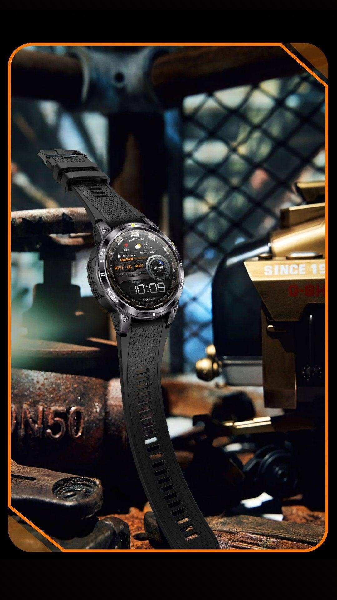 Rugged black metal smart watch with AMOLED display and compass, industrial background, TUTT