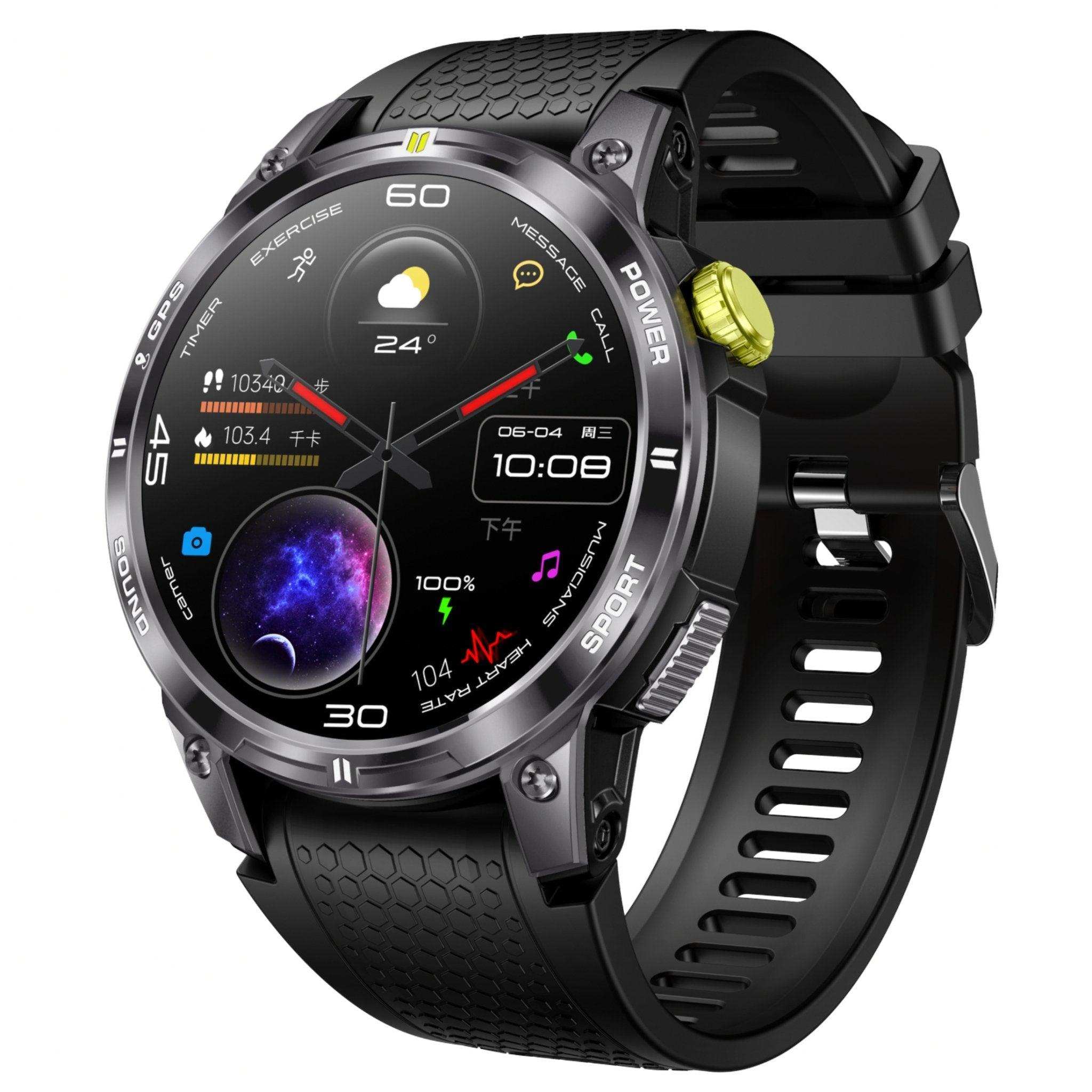 TUTT NX18 Pro rugged smartwatch with black strap, AMOLED screen, weather, fitness, heart rate display. TUTT