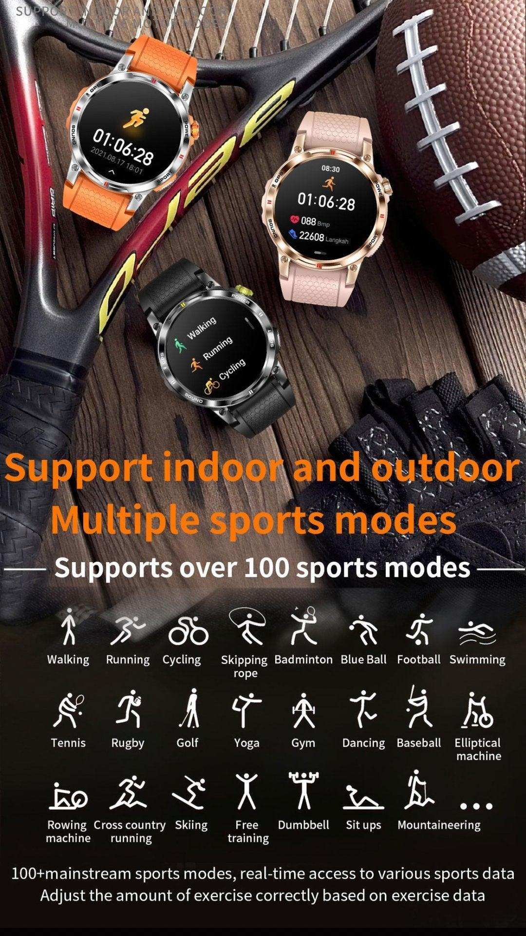 TUTT NX18 Pro GPS positioning AMOLED metal rugged smartwatch with multiple sports modes and colorful straps, displayed with sports equipment. TUTT
