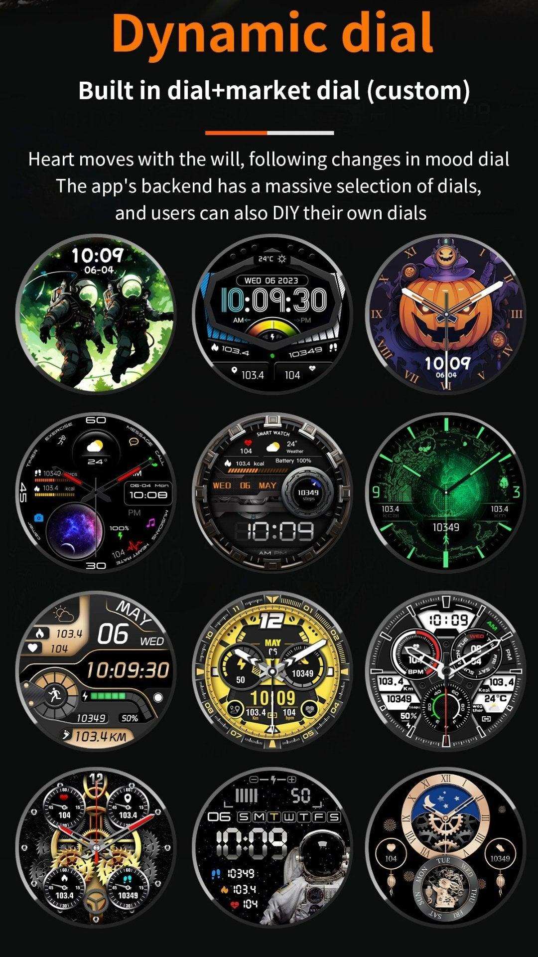 Assorted TUTT NX18 Pro smartwatch dials with AMOLED display, custom dynamic themes, and fitness data. TUTT