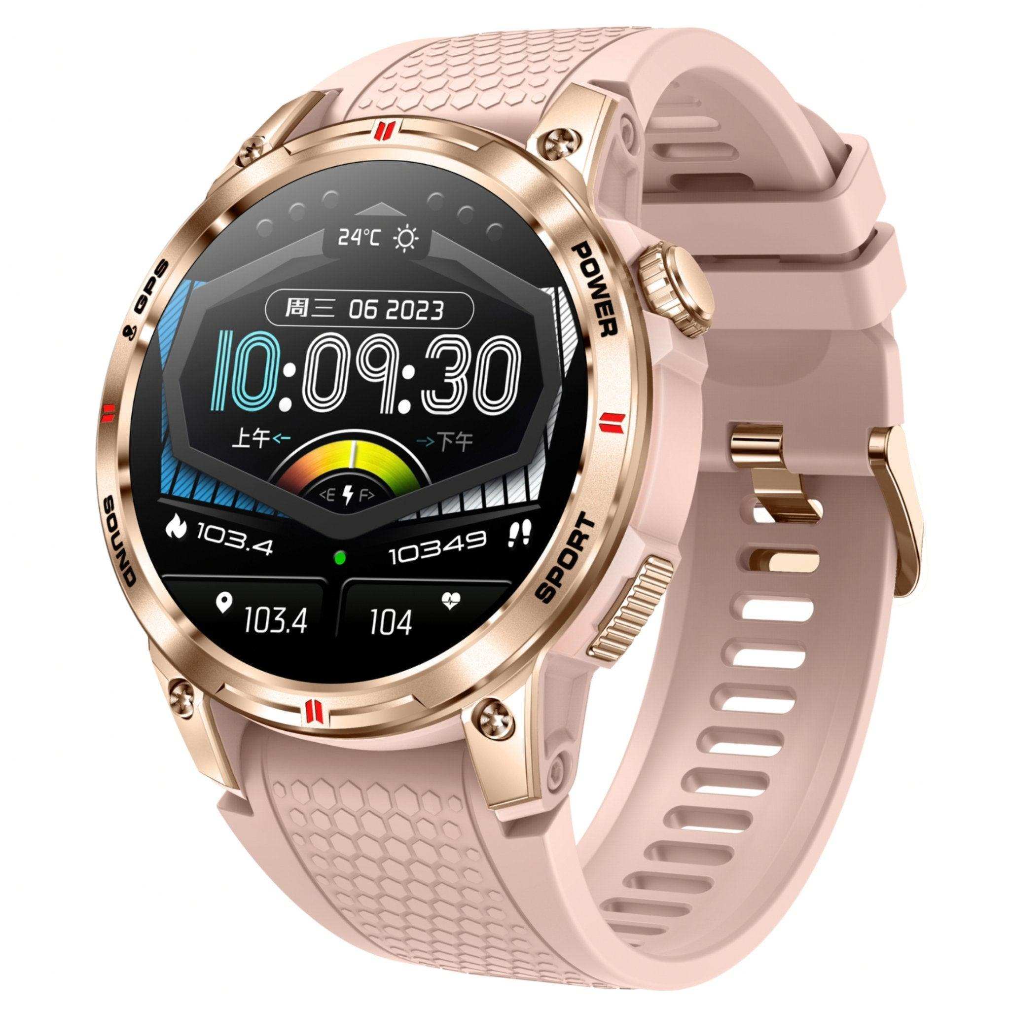 Rose gold rugged smart watch with AMOLED display, silicone band, outdoor GPS, and fitness tracking TUTT