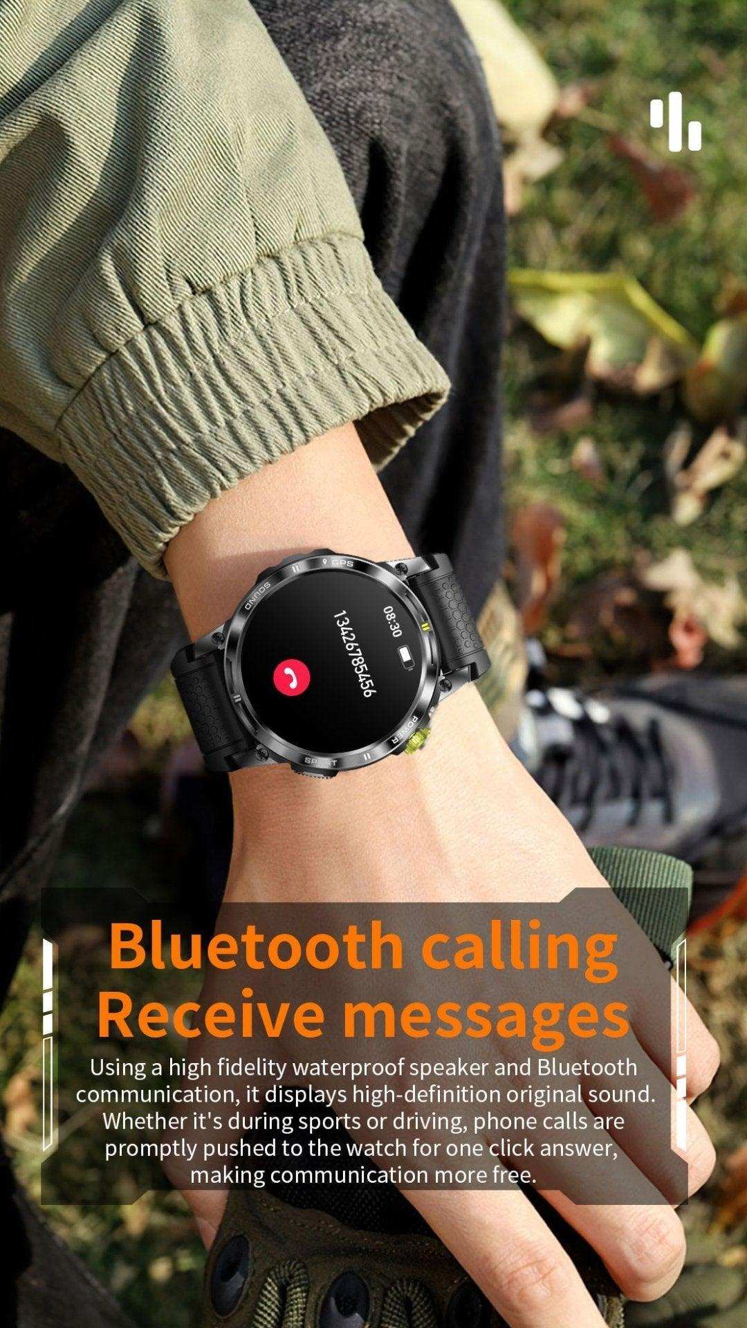 Close-up of TUTT NX18 Pro rugged metal smartwatch with Bluetooth call on wrist outdoors TUTT