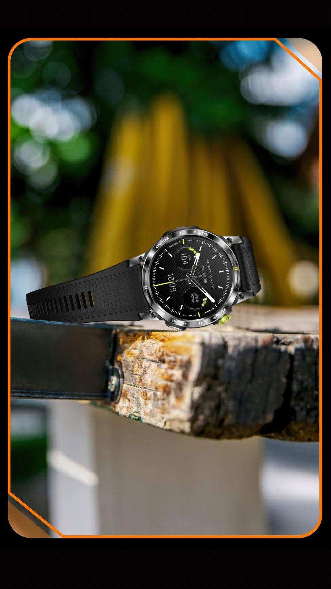 TUTT NX18 Pro rugged GPS smartwatch with black strap and AMOLED display on wooden surface, outdoors. TUTT