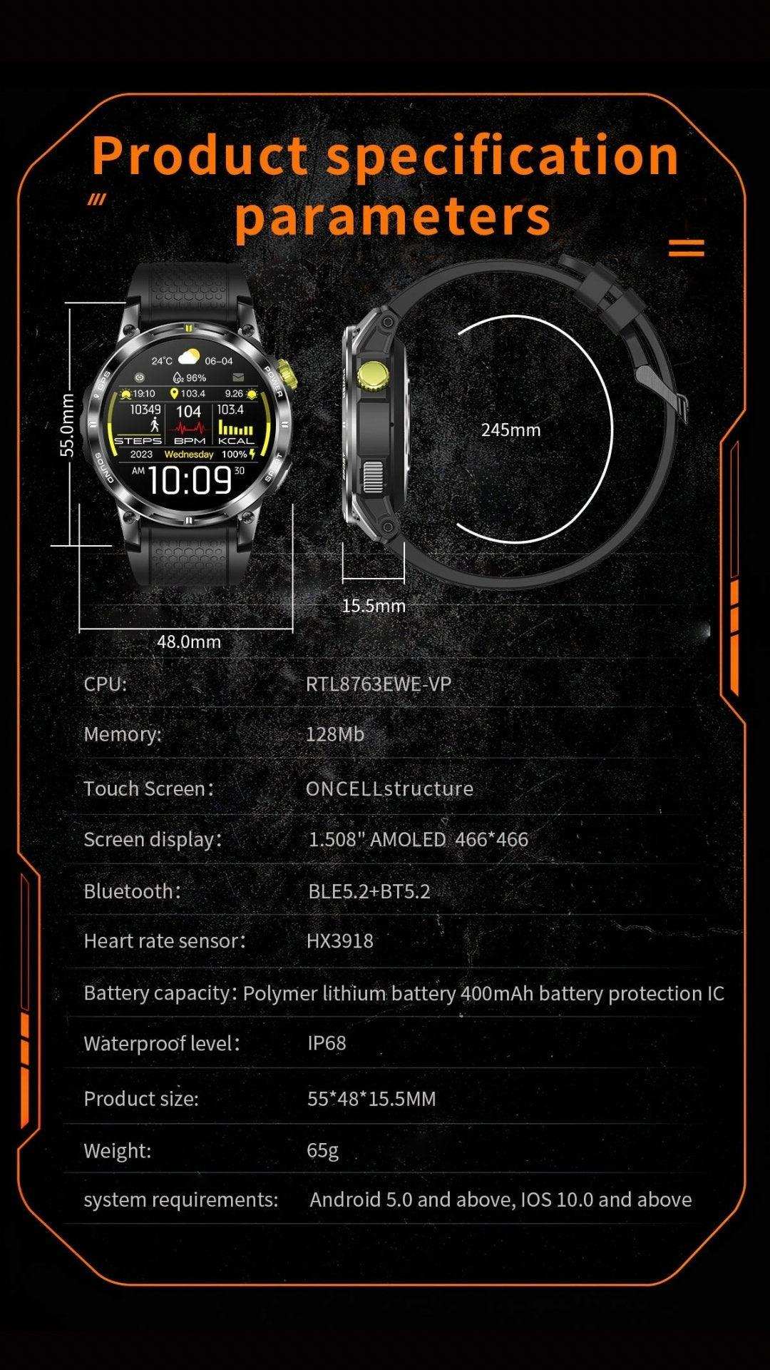 TUTT NX18 Pro rugged smartwatch with AMOLED display, GPS, outdoor features, specs shown, TUTT