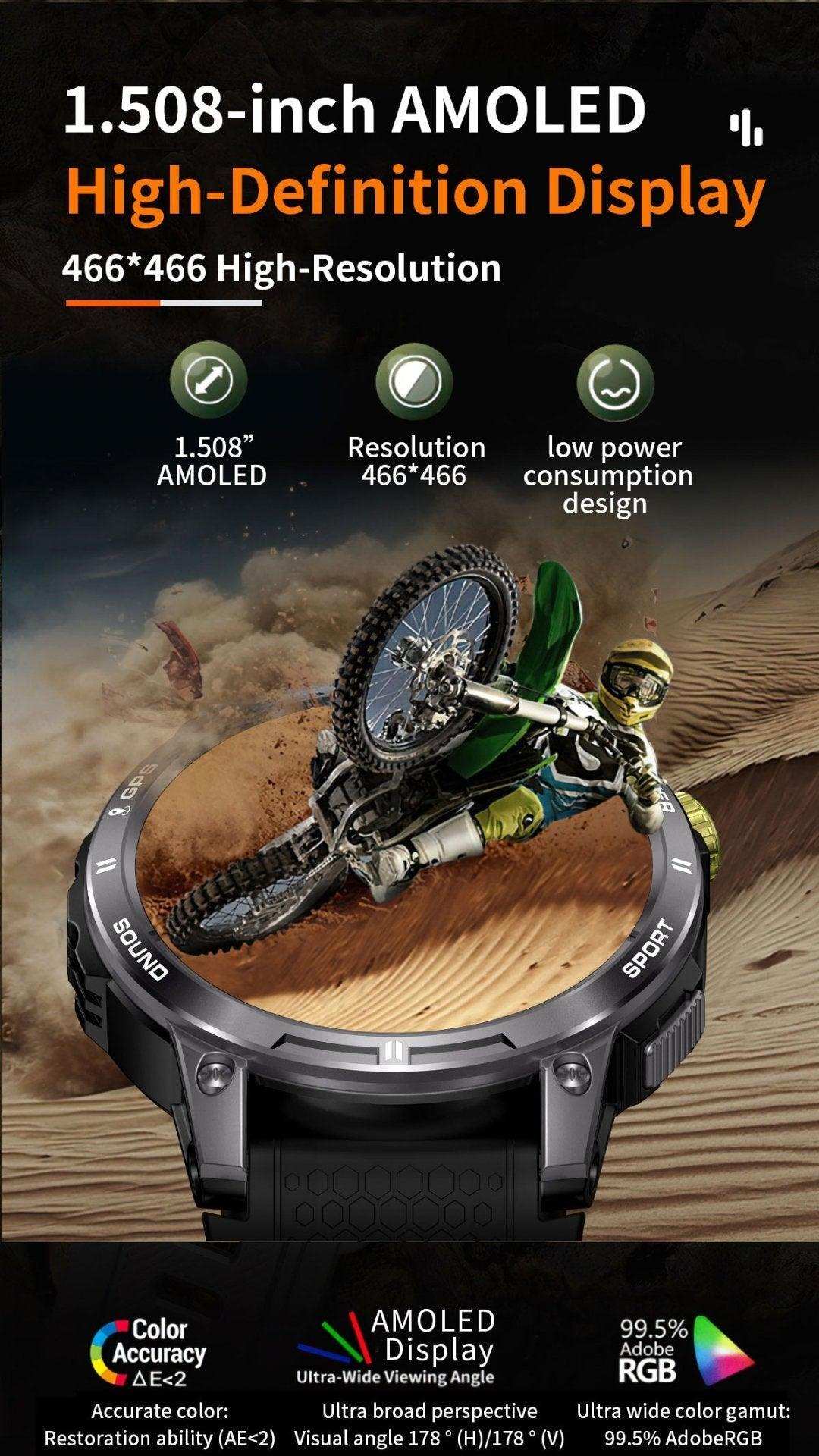 TUTT NX18 Pro rugged smartwatch with 1.508-inch AMOLED HD display and color accuracy, desert background TUTT