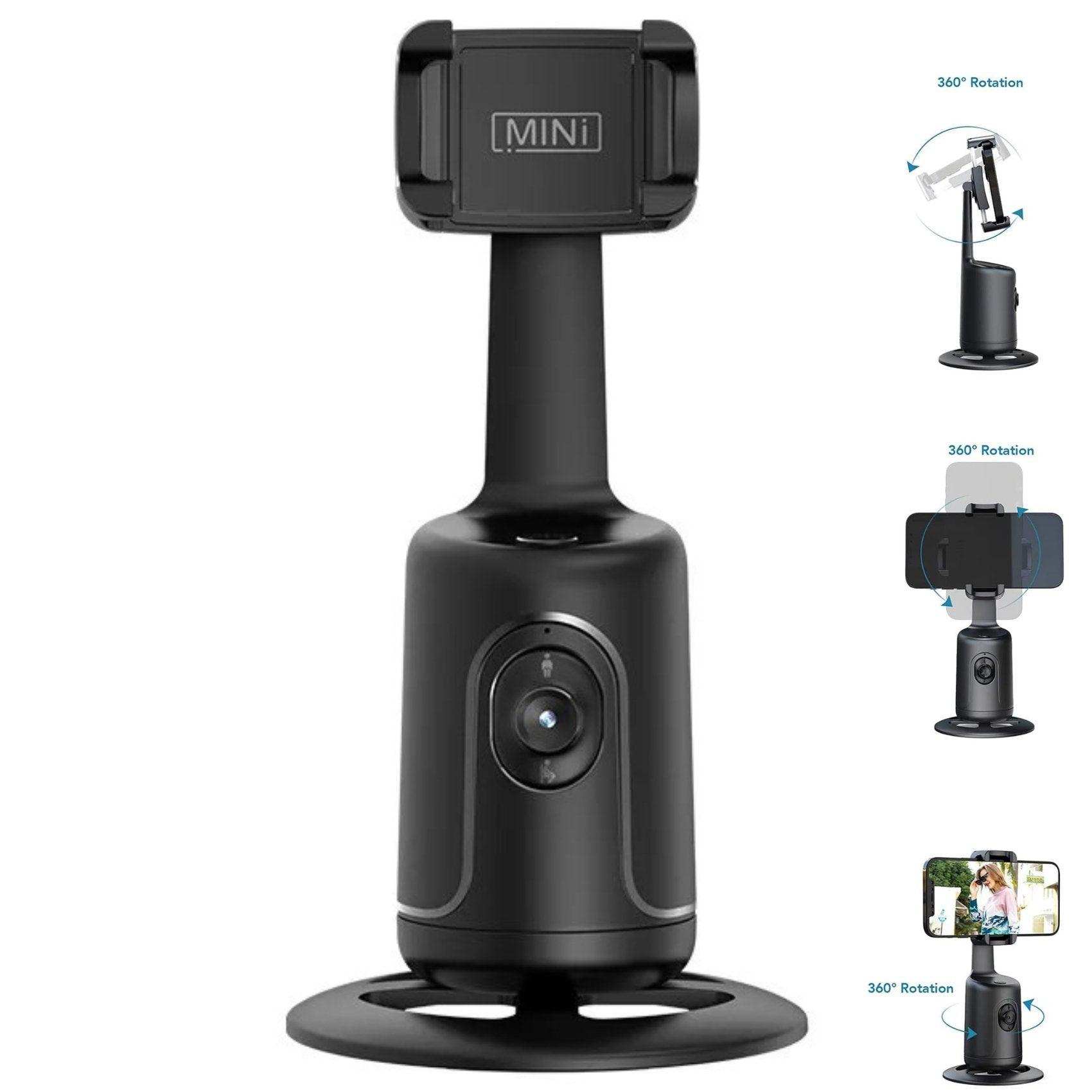 Black selfie phone holder with 360° auto face tracking and adjustable gimbal mount, TUTT
