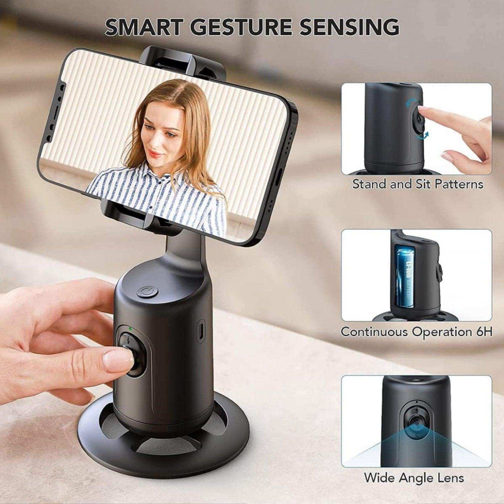 Smart selfie phone holder with auto face tracking, wide-angle lens, gesture control on table, TUTT