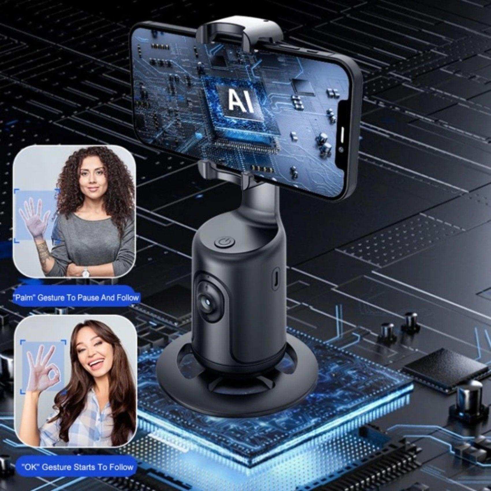 Smartphone mounted on black AI 360° face tracking selfie holder, gesture control demo. TUTT
