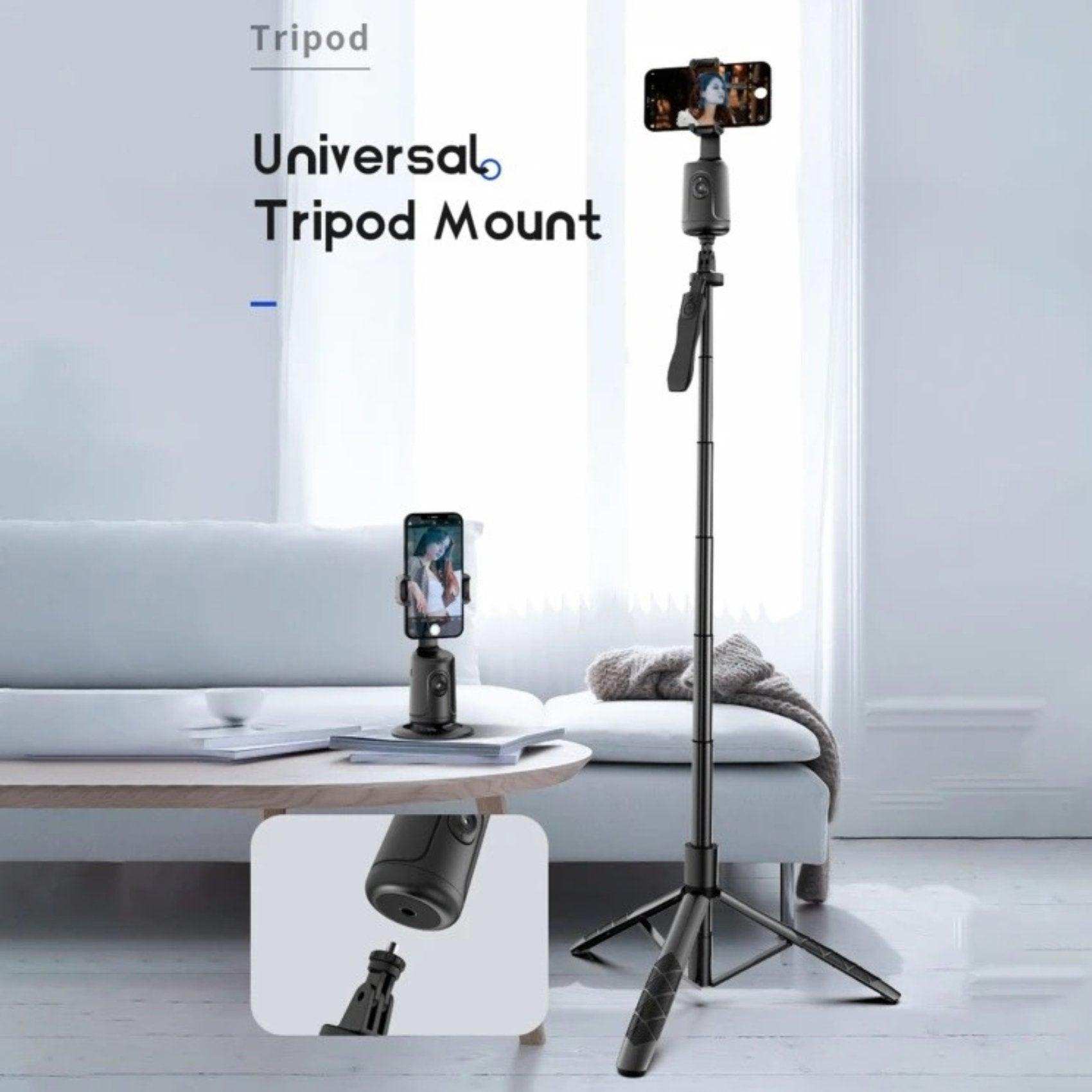 Universal tripod mount selfie phone holder on table and extended as floor tripod, living room. TUTT